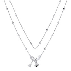 925 Sterling Silver Double Bead Chain With A CZ Bird Pendant