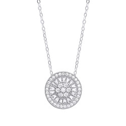 925 Sterling Silver Baguette CZ Halo Pendant Necklace