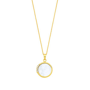 Gold Plated CZ & Mother Of Pear Round Pendant Necklace - 18