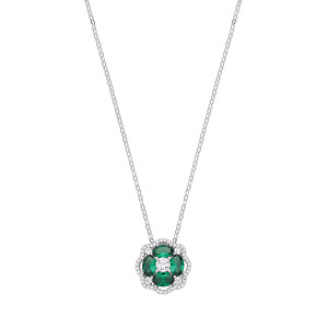 Silver CZ & Emerald Flower Pendant Necklace