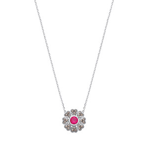 Silver CZ & Ruby Flower Pendant Necklace