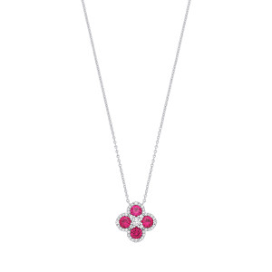 Silver CZ & Ruby Clover Pendant Necklace