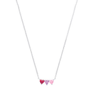 Silver CZ Garnet, Amethyst & Pink Triple Heart Pendant Necklace