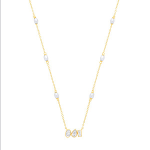 18K Gold Plated CZ & White Rice Shape Fresh Water Pearl Necklace
