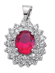 925 Sterling Silver CZ Cluster Pendant With A Oval Ruby Stone Centre