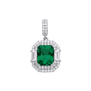 Silver Rhodium Plated CZ & Emerald Fancy Pendant