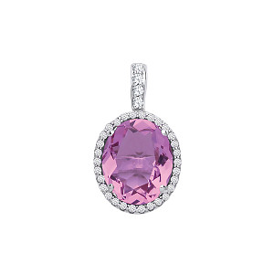 925 Sterling Silver Amethyst CZ Oval Pendant with Colourless CZ's