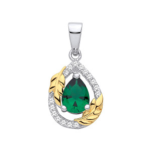 Silver & Gold Plated CZ & Emerald Tear Drop Pendant