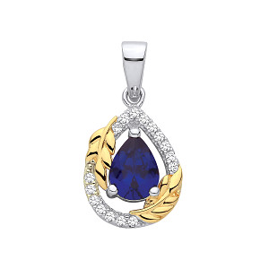 Silver & Gold Plated CZ & Sapphire Tear Drop Pendant