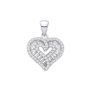 Silver CZ Round & Baguette Heart Pendant