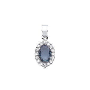Silver CZ Blue Topaz Oval Pendant