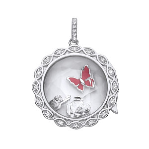 Silver CZ Glass Pendant With Butterfly & Flower Charm Inserts