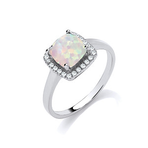 925 Sterling Silver CZ Opal Princess Cut Engagement Ring