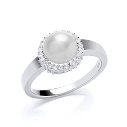 Sterling 925 Sterling Silver Freshwater Pearl & CZ Ring