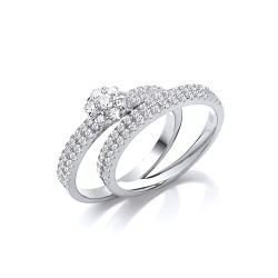 Silver CZ Cluster Bridal 2 Ring Set