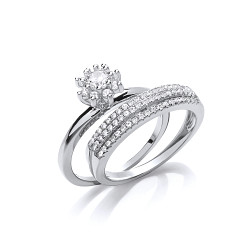 925 Sterling Silver CZ Solitaire & Triple Row Wedding Band Set