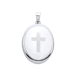 Silver Oval Locket With Cross Design