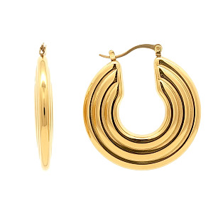 Stainless Steel Chunky Flat Ribbed Hoop Earrings 14K GP