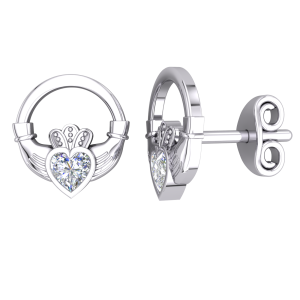 Silver PT Plate CZ Claddagh Stud Earrings