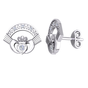 Silver PT Plate CZ Claddagh Stud Earrings