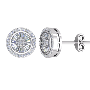 Silver PT Plate CZ Round Baguette Halo Stud Earrings