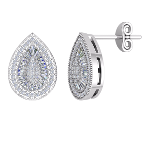 Silver PT Plate CZ Tear Drop Baguette Stud Earrings
