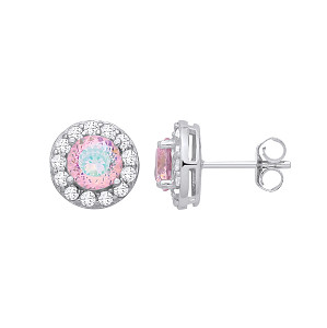 Silver CZ Pink With Green Birds Nest Cut Round Stud Earrings
