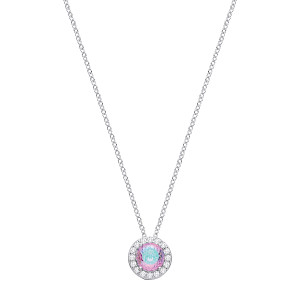 Silver CZ Lavender With Green Birds Nest Cut Round Pendant Necklace