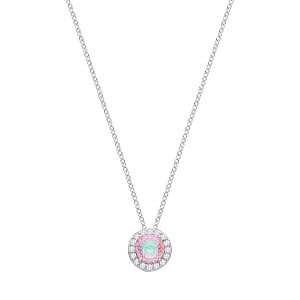 Silver CZ Pink With Green Birds Nest Cut Round Pendant Necklace