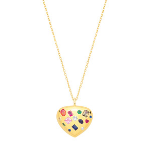 Gold Plated Multi Coloured CZ Heart Pendant Necklace