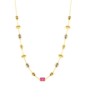 Gold Plated CZ, Rose & Peridot Mixed Cut Necklace