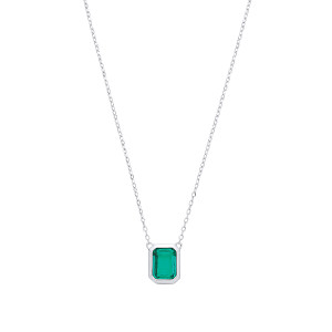 Silver CZ & Emerald Bezel Pendant Necklace